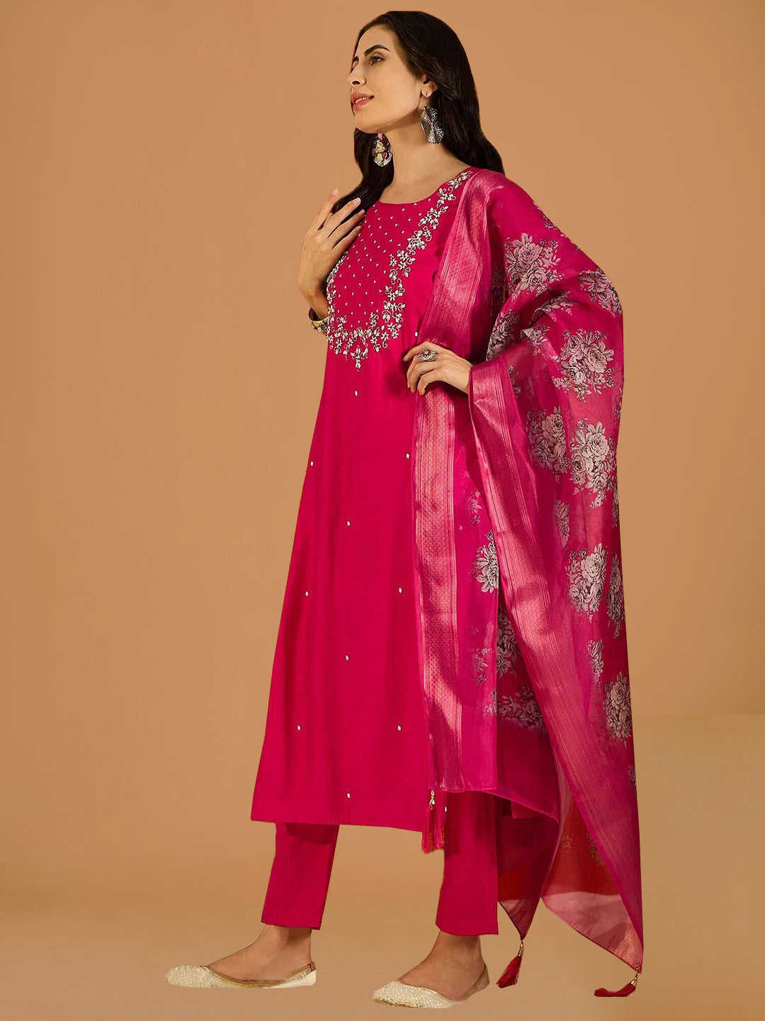 Fuchsia Pink Viscose Chanderi Suit Set