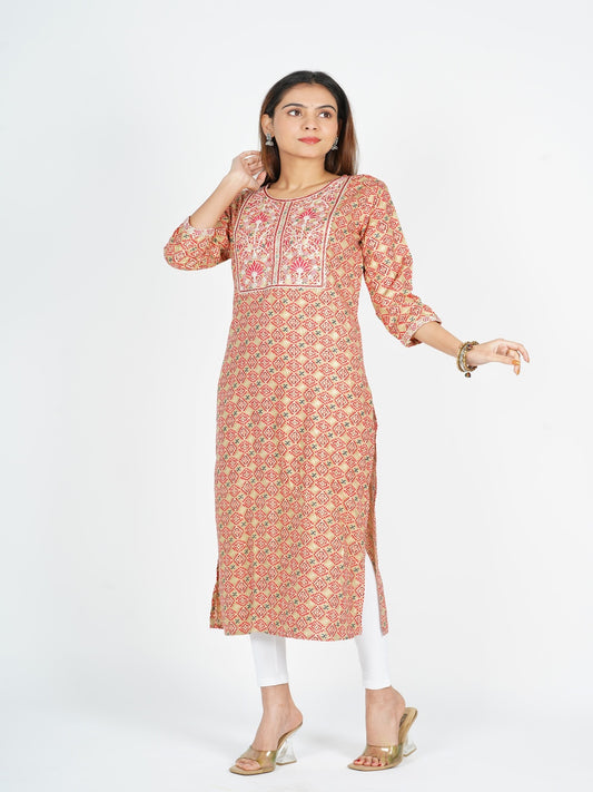 Red Embroidered Straight Rayon Kurta