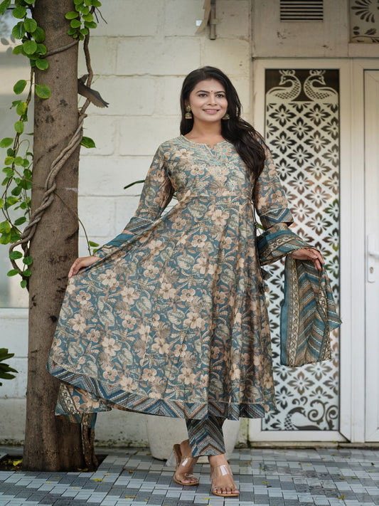Grey Embroidered Anarkali Chanderi Suit Set