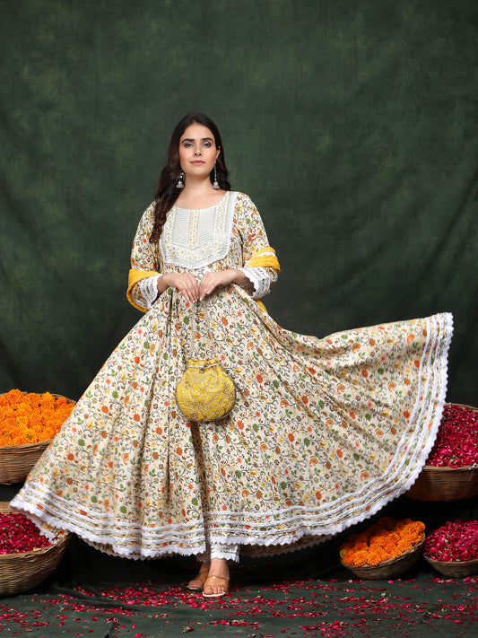 Yellow Embroidered Anarkali Rayon Suit Set