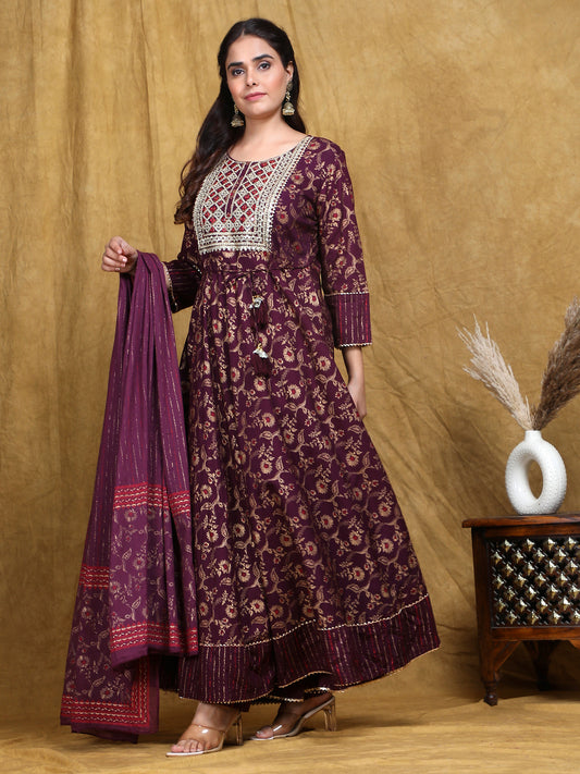 Maroon Embroidered Anarkali Rayon Suit Set