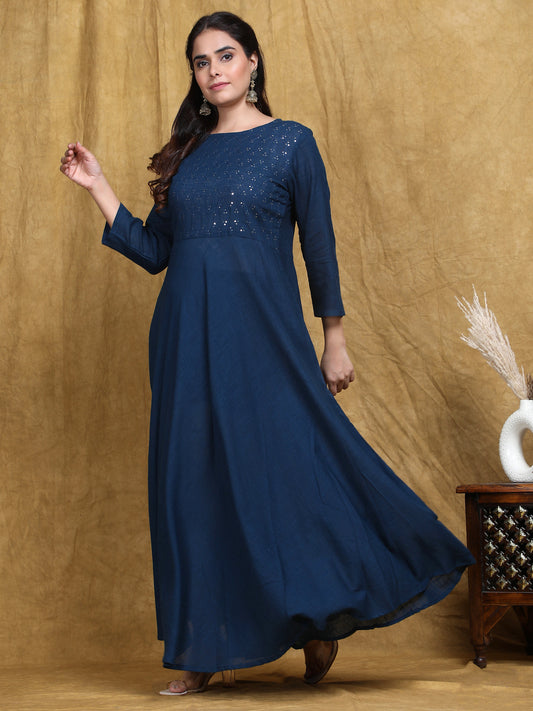 Blue Printed Flared Cotton Slub Dress