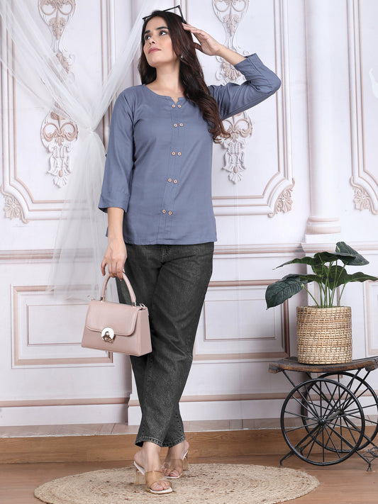 Grey Solid Pattern Straight Rayon Top