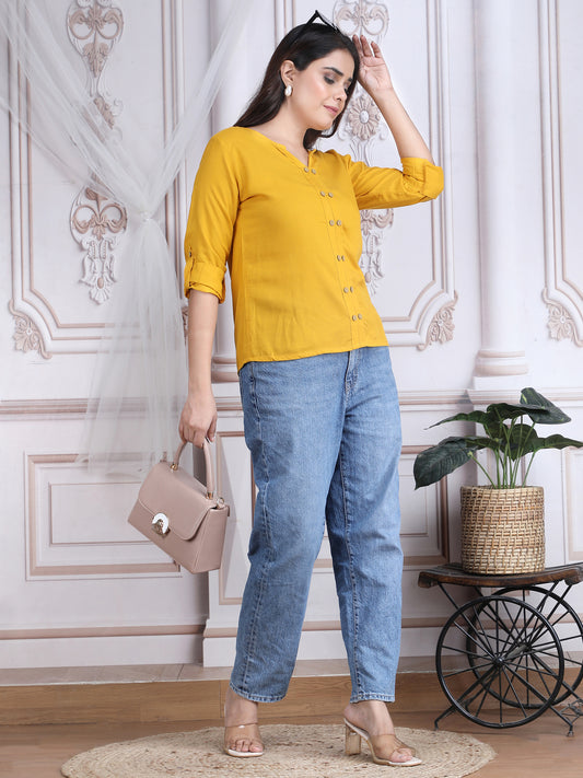 Yellow Solid Straight Rayon Top