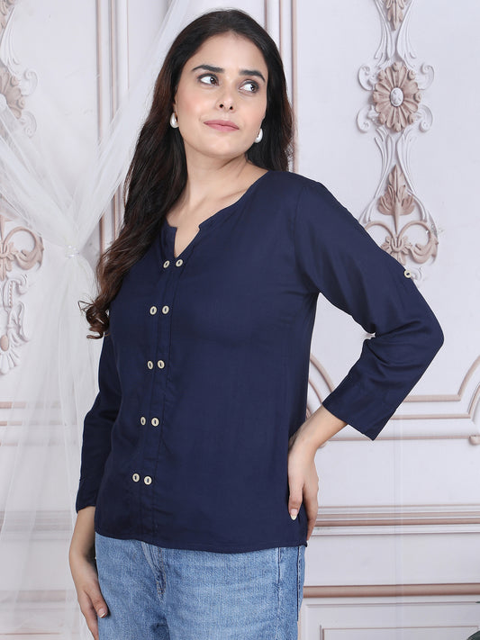 Navy Blue Solid Pattern Straight Rayon Top