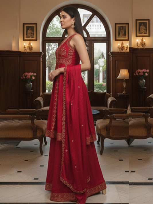 Elegant Red Muslin Anarkali Set with Flared Pant for Women