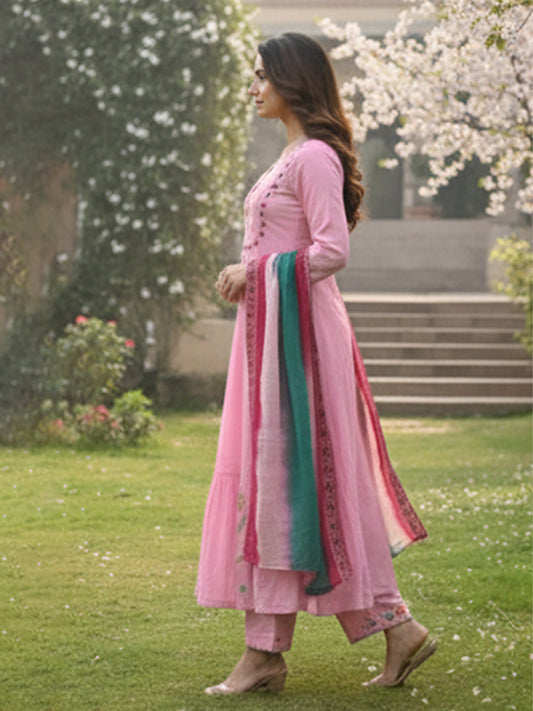 Chic Pink Cotton Anarkali Set with dupatta