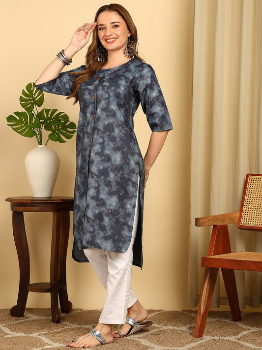 Indigo Blue Solid Cotton Blend Straight Kurta