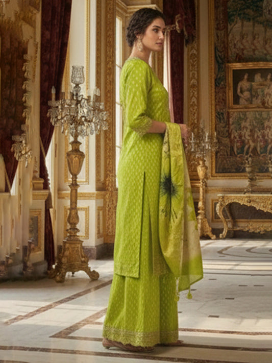 Green Weave Cotton Suit Set Perfect for Parties and Occasions