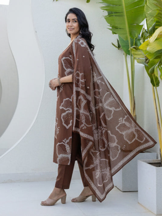 Women's brown cotton printed suit set offering comfort and style