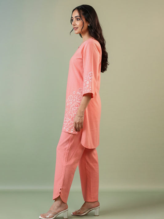 Elegant Coral Pink Cotton Slub Co-Ord Set