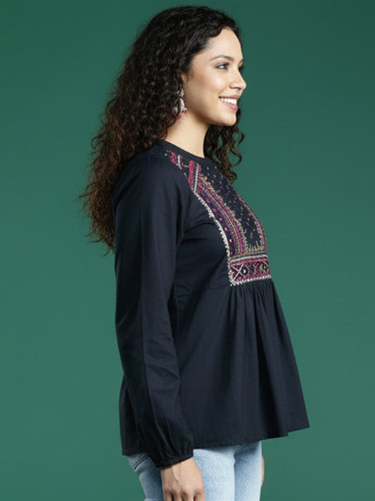 Classic Black Jeqard Cotton Tops for Women