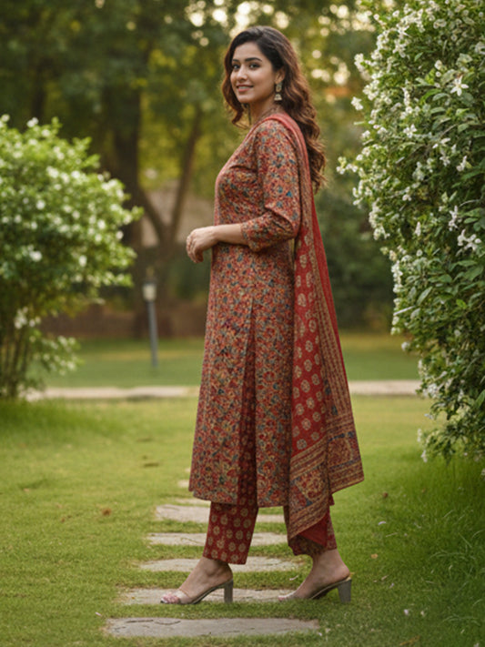 Women's cotton suit set in brown adorned with Kalamkari prints