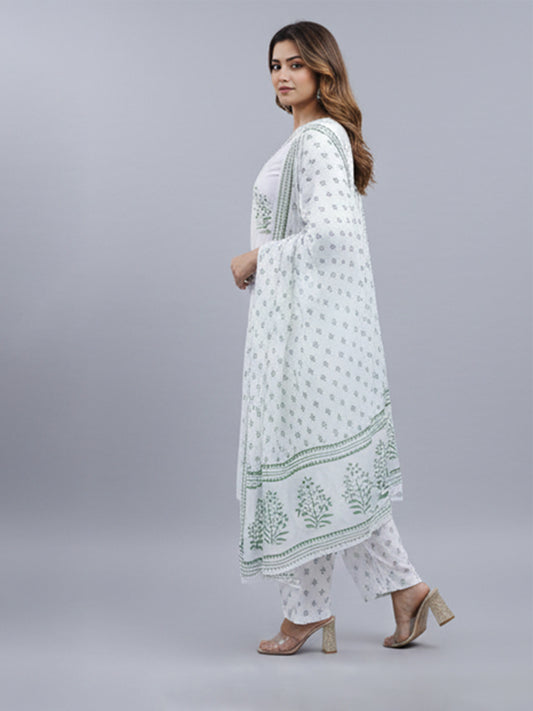 Elegant white suit set with cotton fabric with green color print and lining
