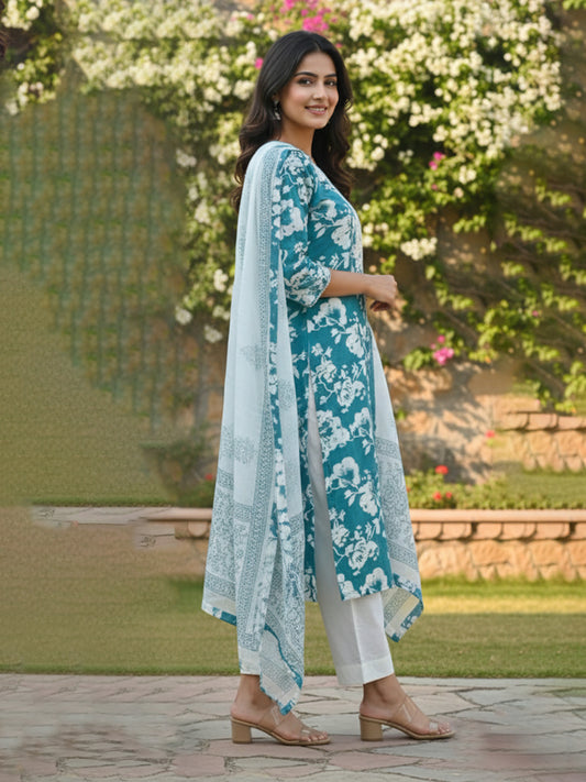 Blue cotton suit set with embroidery and Kota doriya dupatta