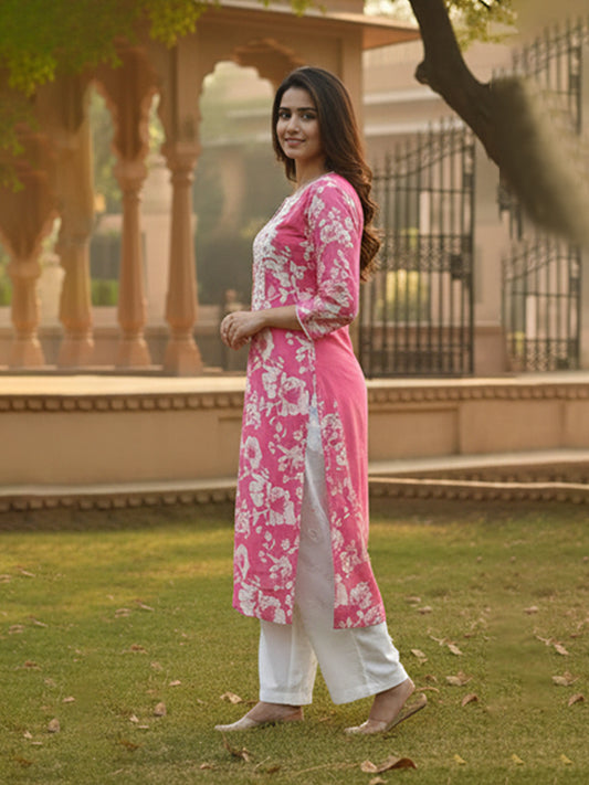 Pink cotton suit set with embroidery and Kota doriya dupatta