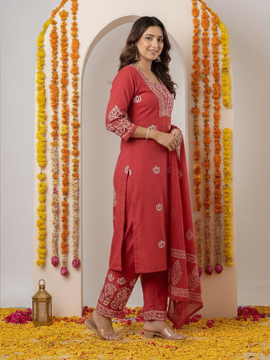 Light Brown cotton suit set for women with embroidered details