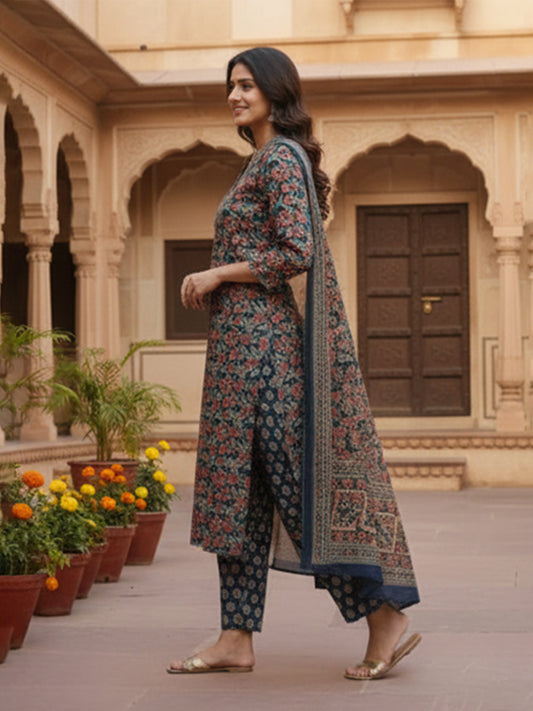 Women's cotton suit set in blue adorned with Kalamkari prints