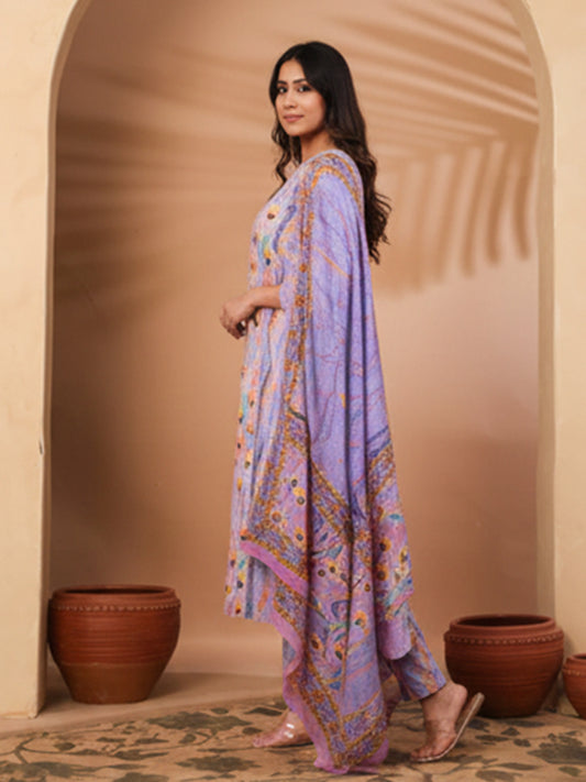 Elegant purple printed cotton suit set with everyday comfort