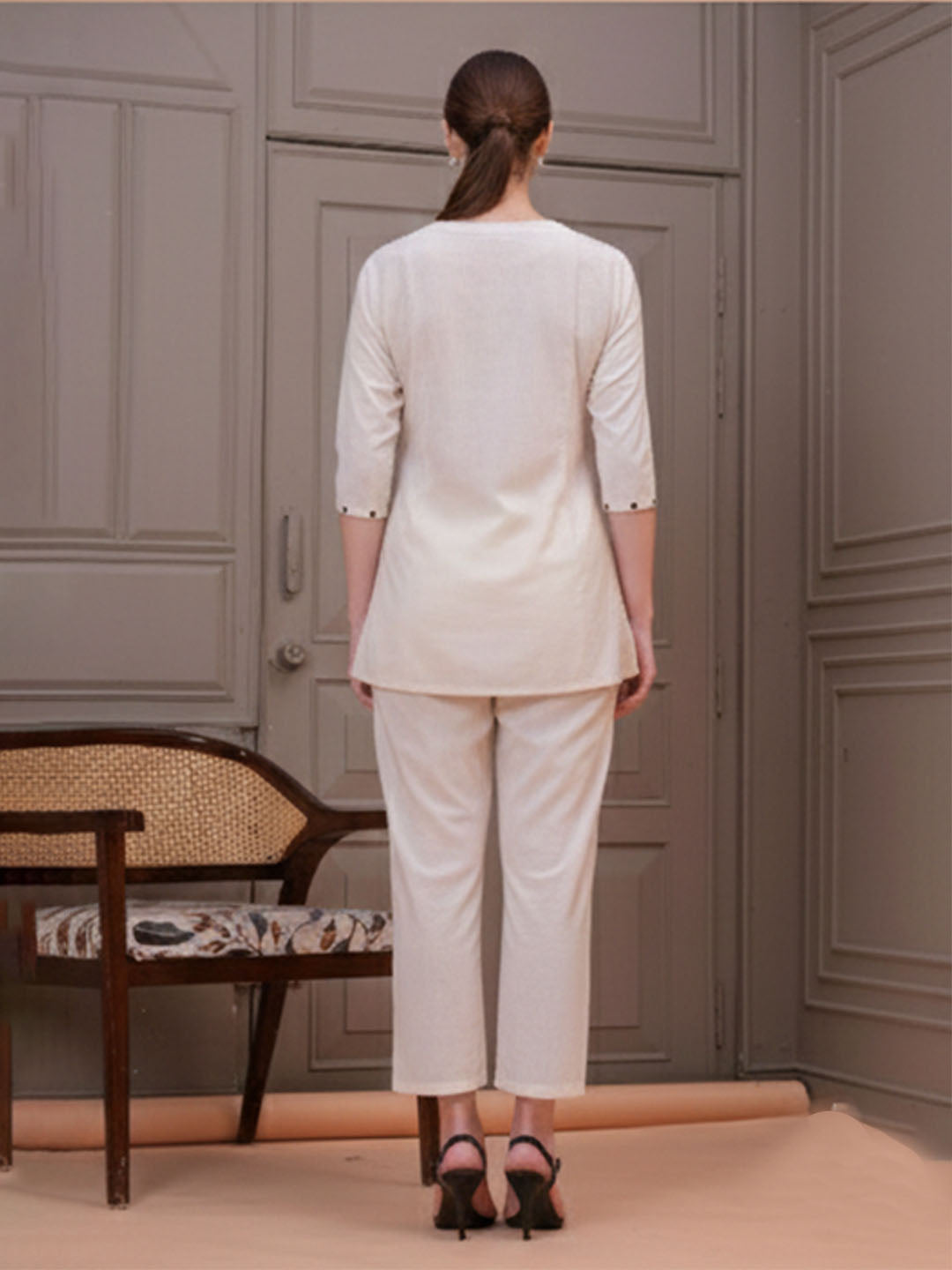 white coloured cotton slub 2-piece co-ord set