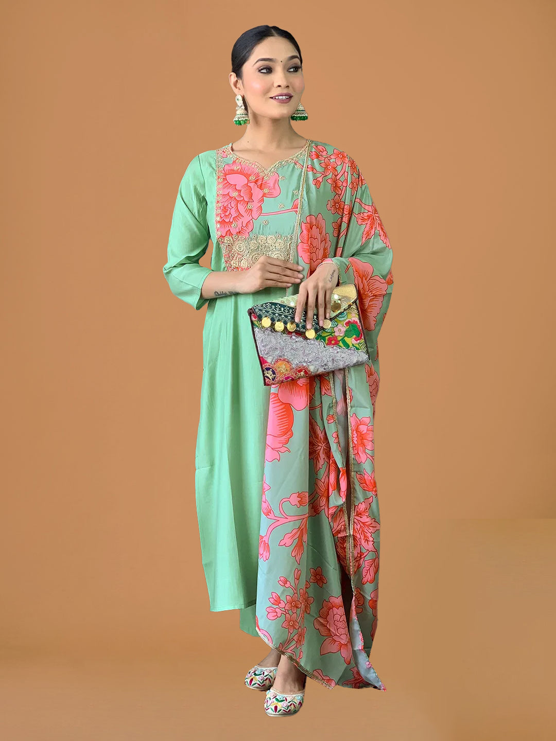 Aqua Green Viscose Silk Blend Straight Suit Set