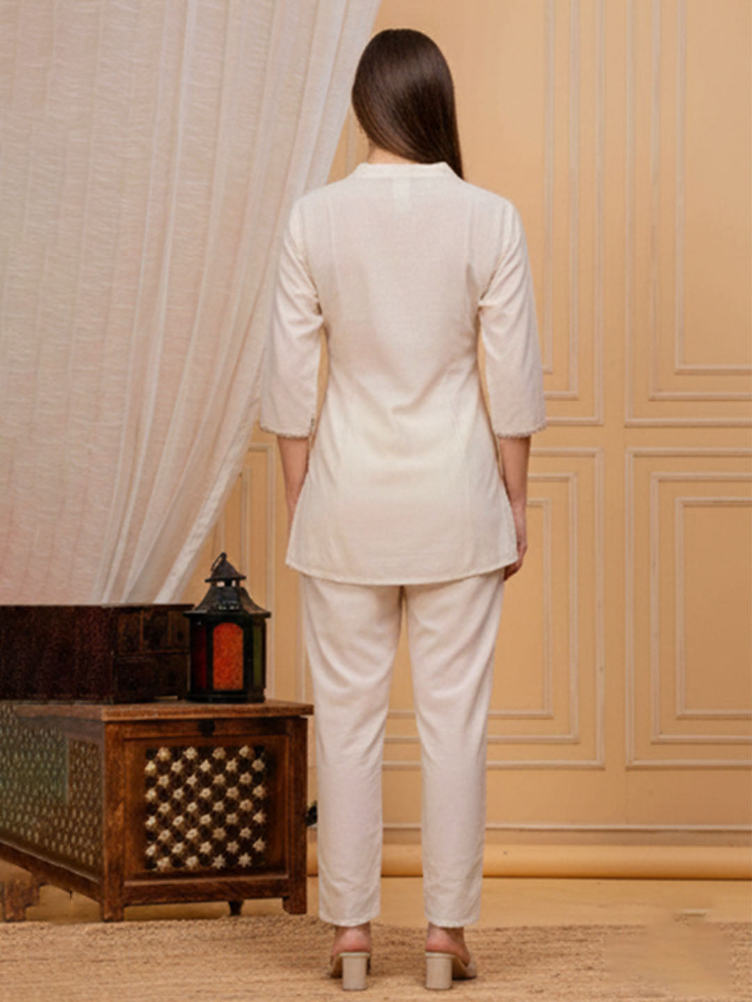 Cream Embroidered cotton slub Co-ord Set