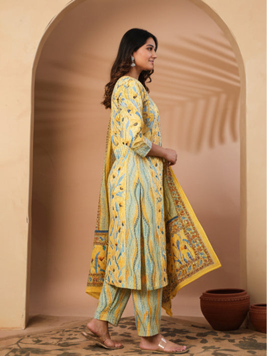 Elegant Yellow printed cotton suit set with everyday comfort
