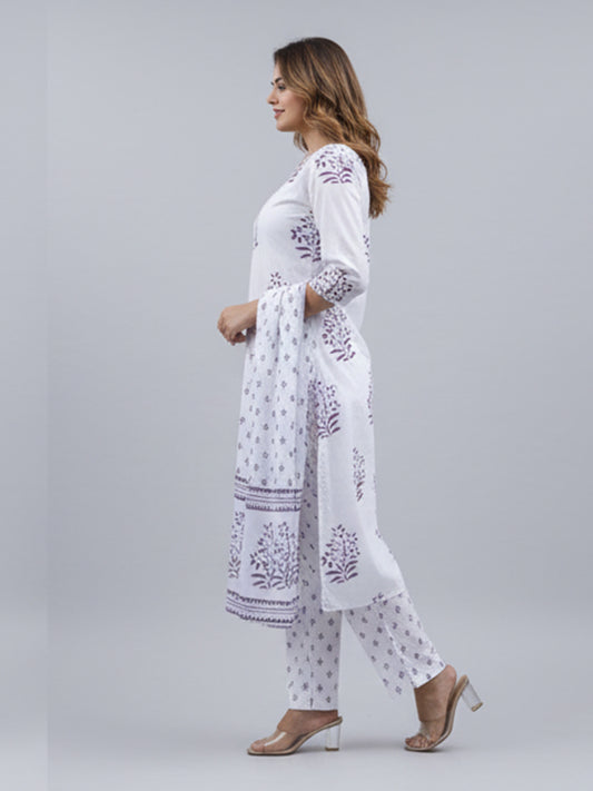 Elegant white suit set with cotton fabric with purple color print and lining