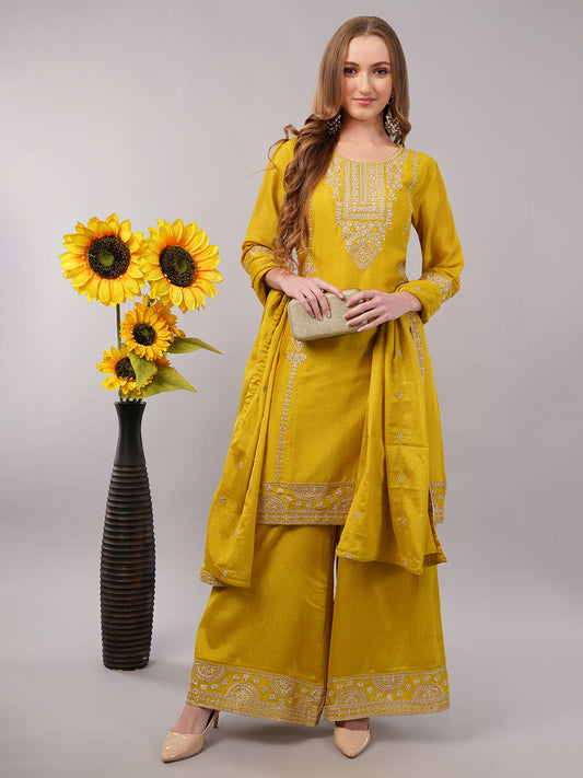 dhartii Mustard Chinon Solid Suit Set