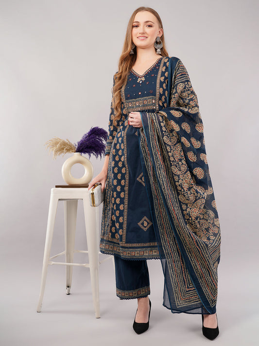 dhartii Teal Blue Printed Cotton Suit Set