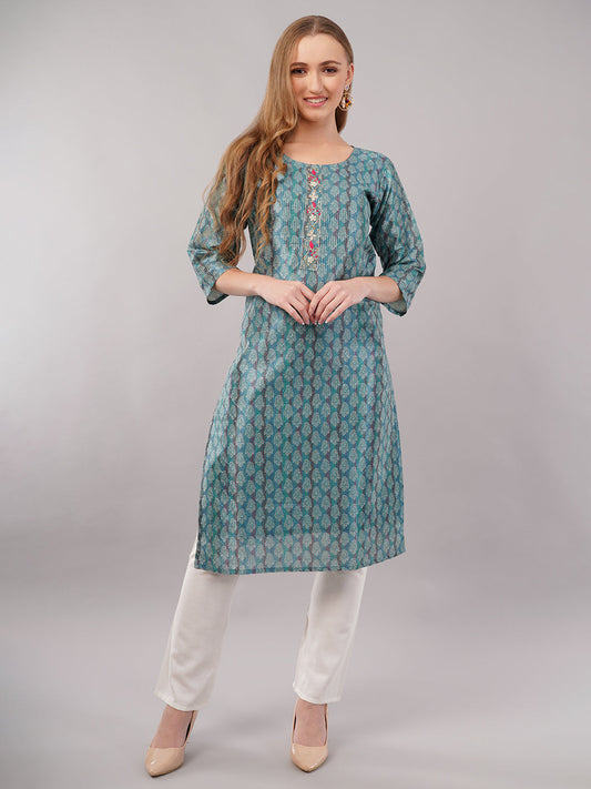 dhartii Steel Blue Floral Printed Suit Set with Zardozi & Sequin Detailing