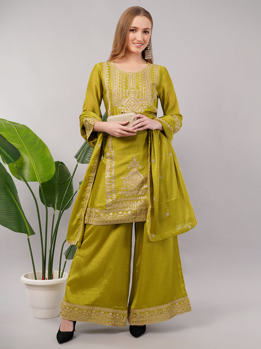 dhartii Green Zari Embroidered chinon Suit Set