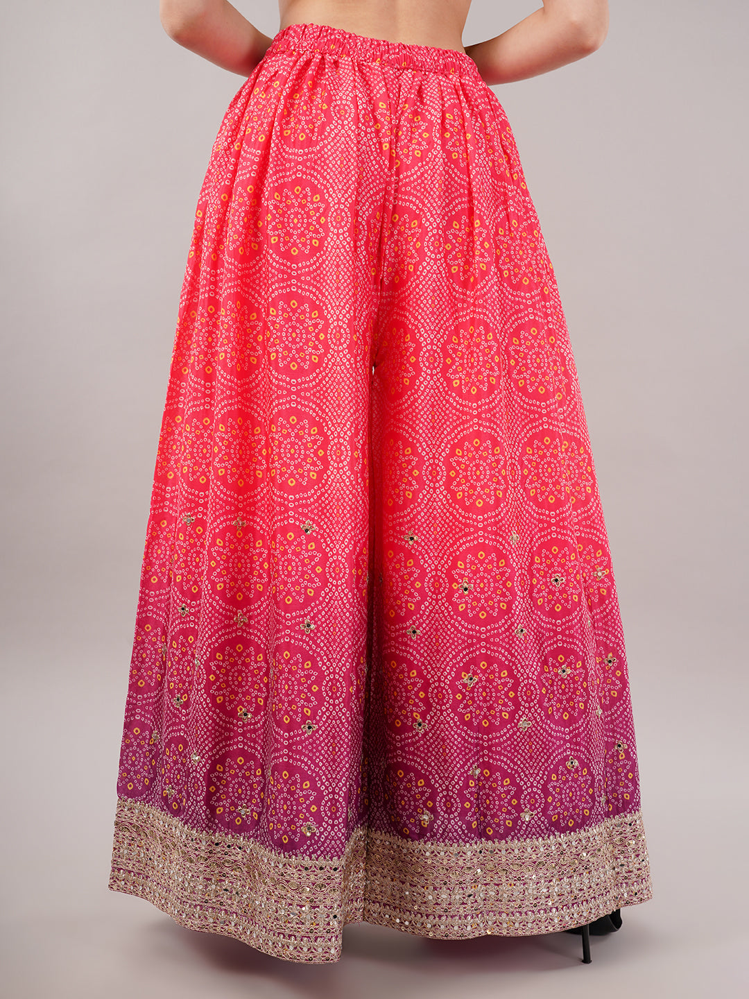 dhartii Festive Fucshia Pink Shaded Bandhni Sharara Set with Mirror Embellishments