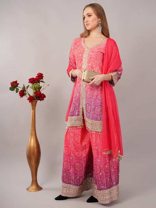 dhartii Festive Fucshia Pink Shaded Bandhni Sharara Set with Mirror Embellishments