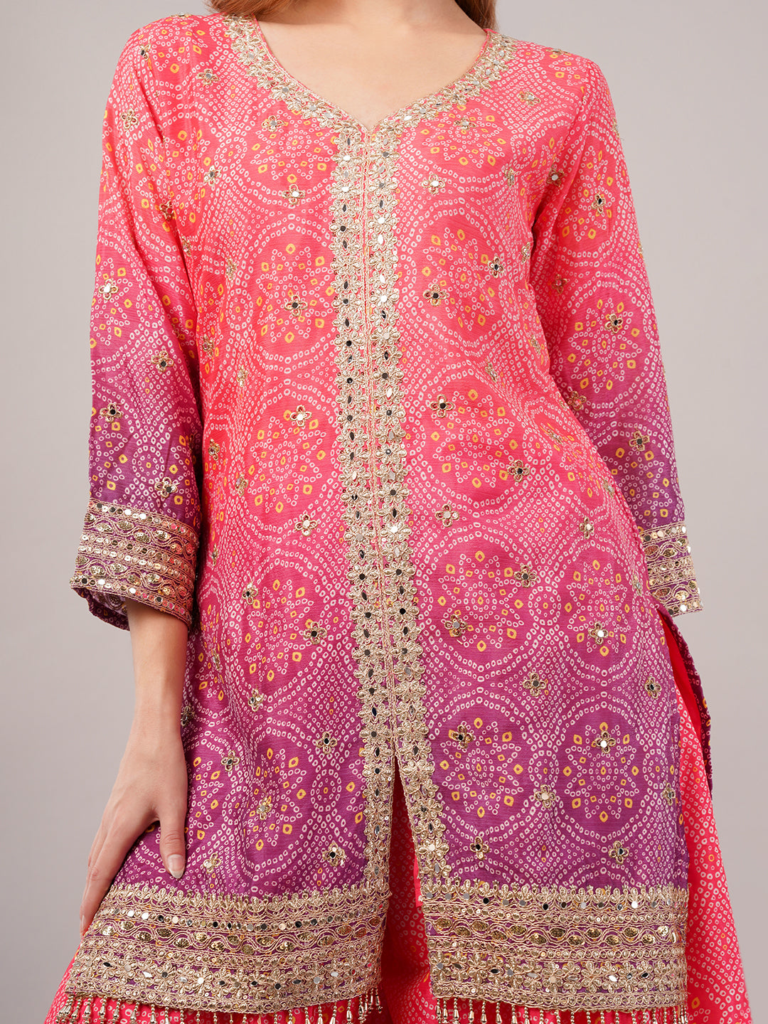 dhartii Festive Fucshia Pink Shaded Bandhni Sharara Set with Mirror Embellishments