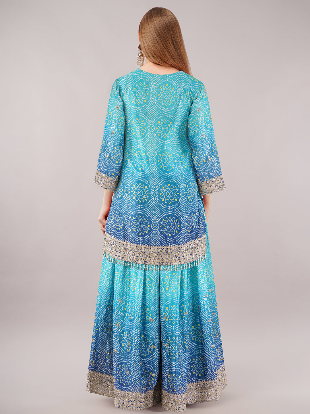 dhartii Festive Turquoise Blue Shaded Bandhni Sharara Set with Mirror Embellishments