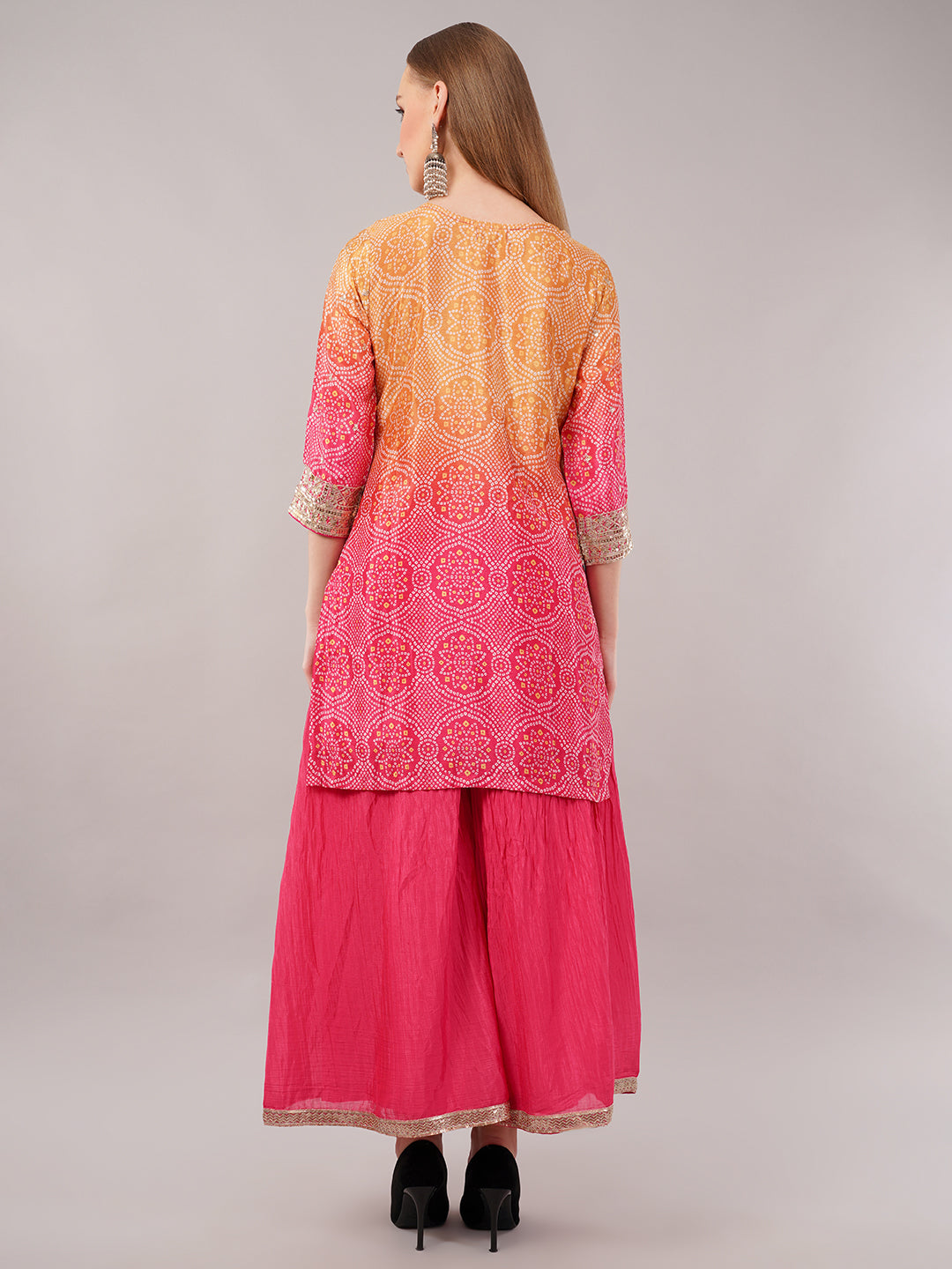 dhartii Festive Pink and Yellow Shaded Bandhni Sharara Set with Sequin Embellishments