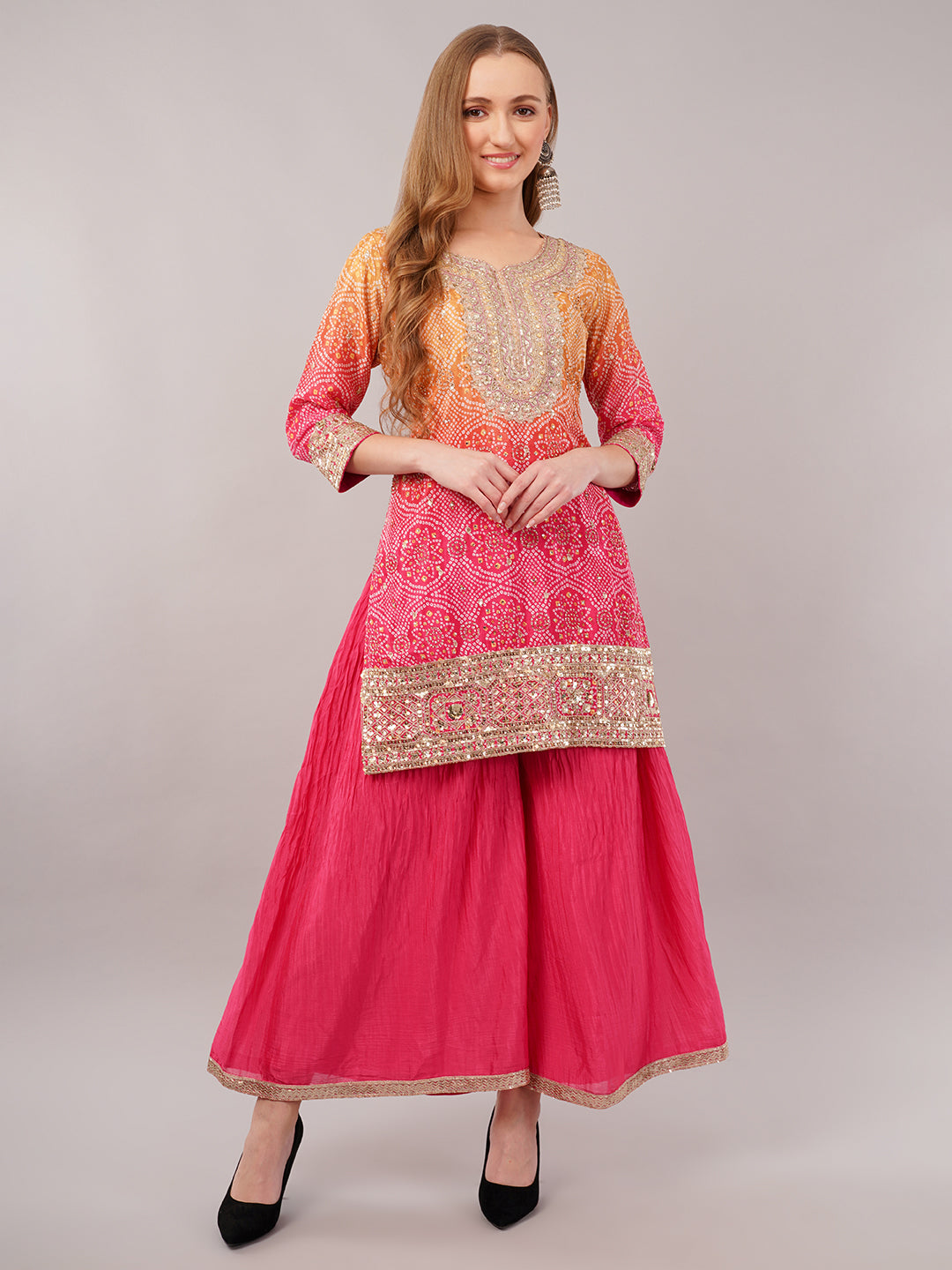dhartii Festive Pink and Yellow Shaded Bandhni Sharara Set with Sequin Embellishments