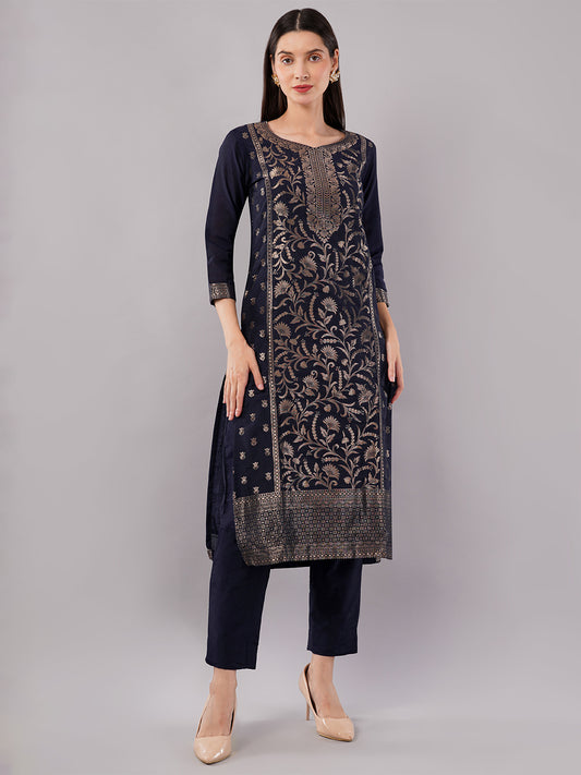 dhartii New Age Navy Blue Royal Brocade Suit Set with Dupatta and Pants (3 Piece Set)