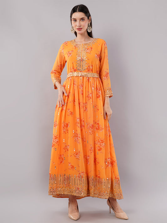 dhartii Elegant Yellow Sequin Embroidered Floral Print on Print Anarkali Set Dupatta and Embroidered Belt (4 Piece Set)