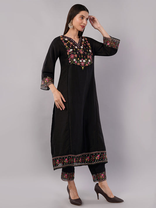 dhartii Fashionable Black Trending Thread-Embroidered Suit Set with Floral Printed Dupatta and Pants (3 Piece Set)