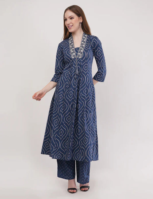 Blue Pure Cotton Printed Cotton Anarkali Set - Set Of 3