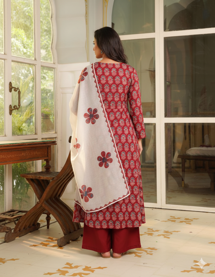 Maroon Rayon Blend Floral Printed A-Line Kurta Palazzos With Dupatta