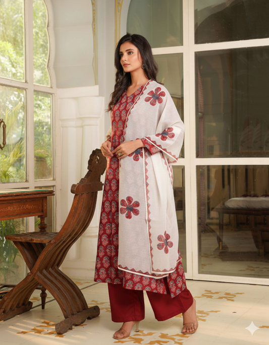Maroon Rayon Blend Floral Printed A-Line Kurta Palazzos With Dupatta