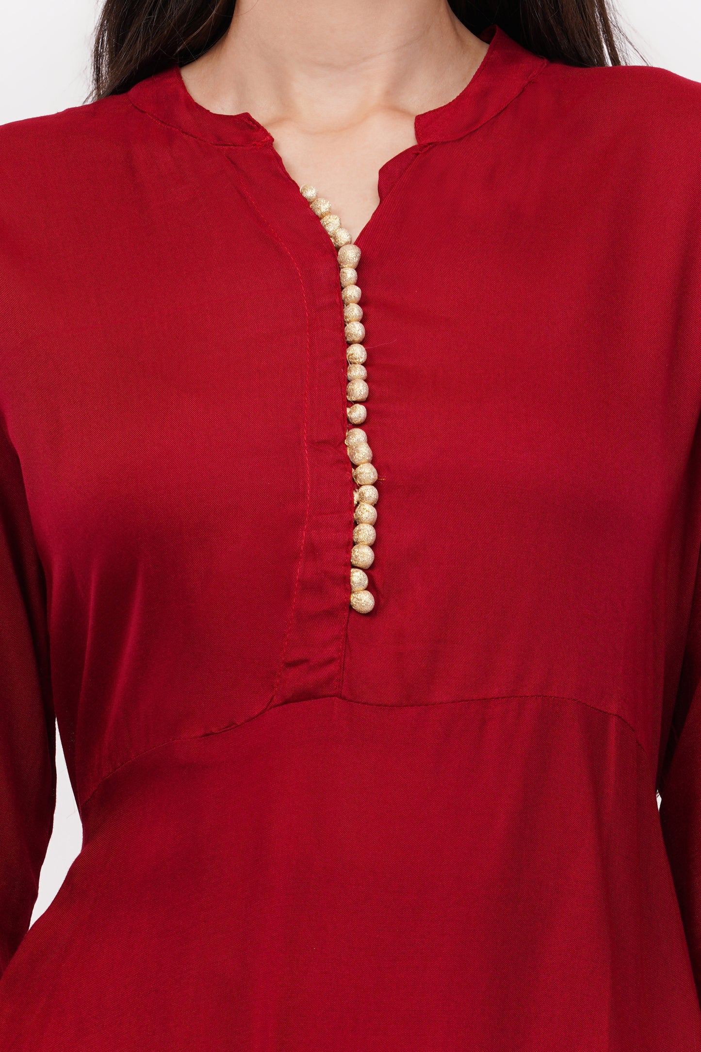 Maroon Anarkali Block Printed, Contrast Button Details - Set Of 3