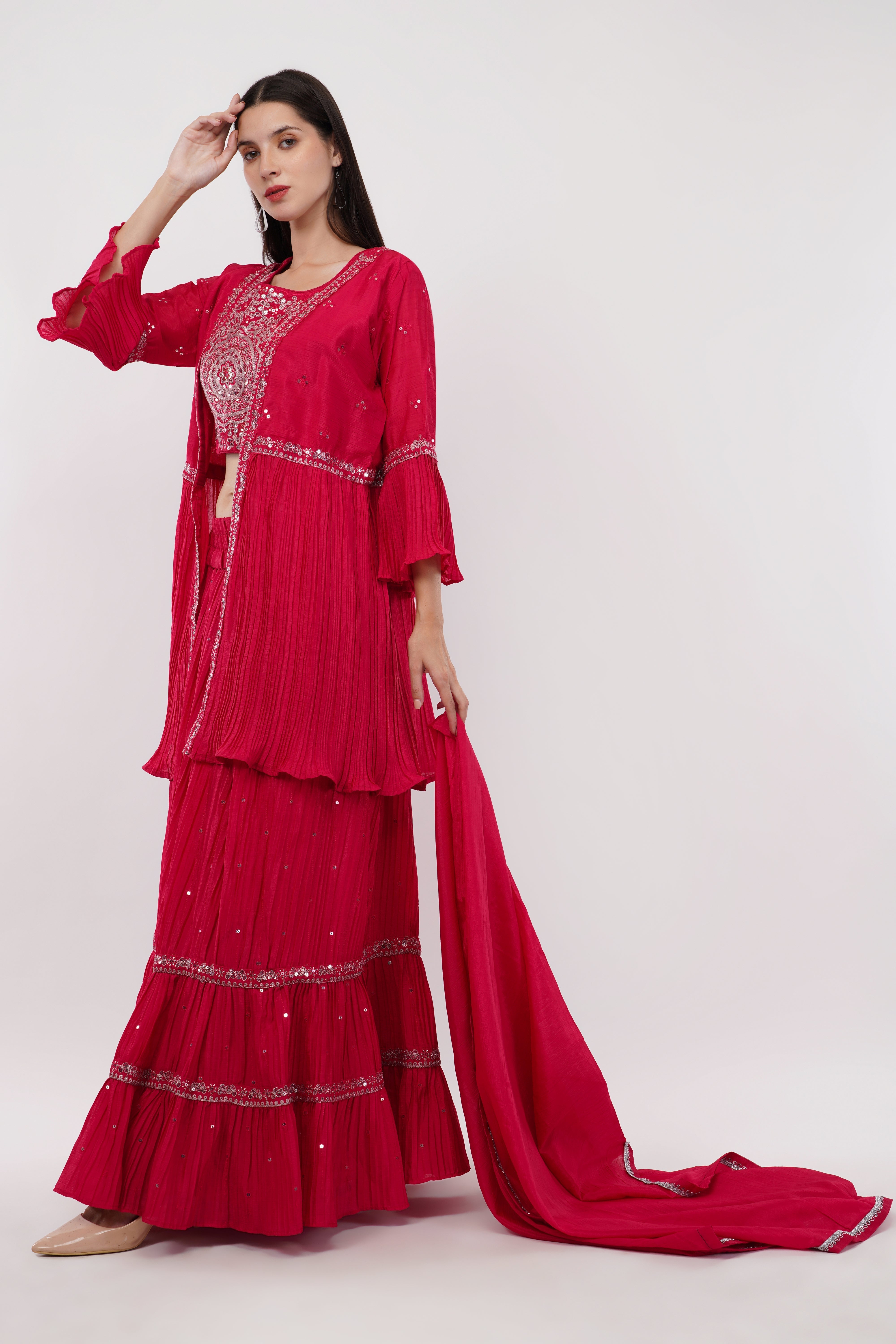 Embroidered Indo-Western Skirt Set With Cape & Dupatta - Set Of 4