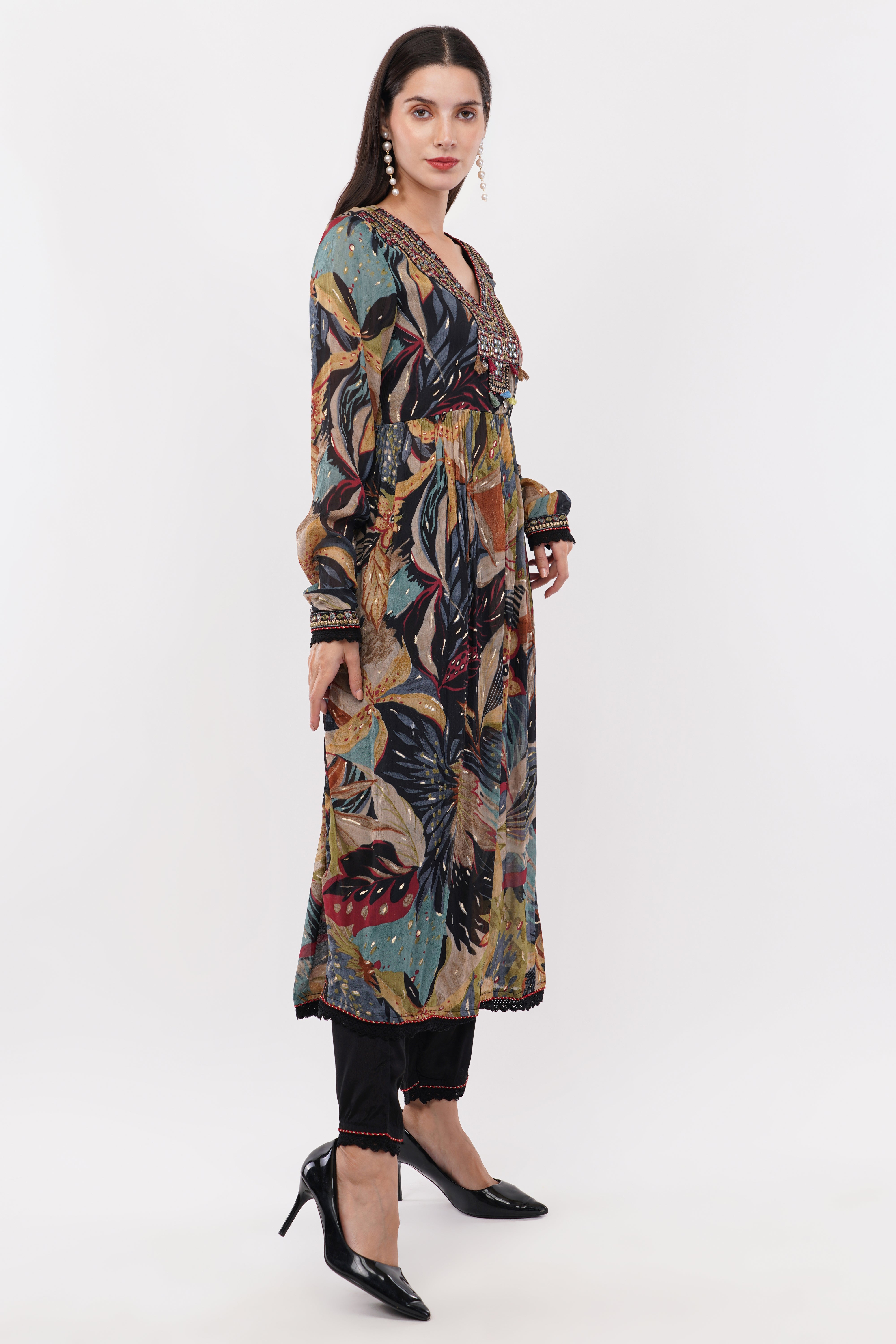 Navy Blue Pure Chinon Chiffon Digital Printed With Chiffon Dupatta Anarkali - Set Of 3