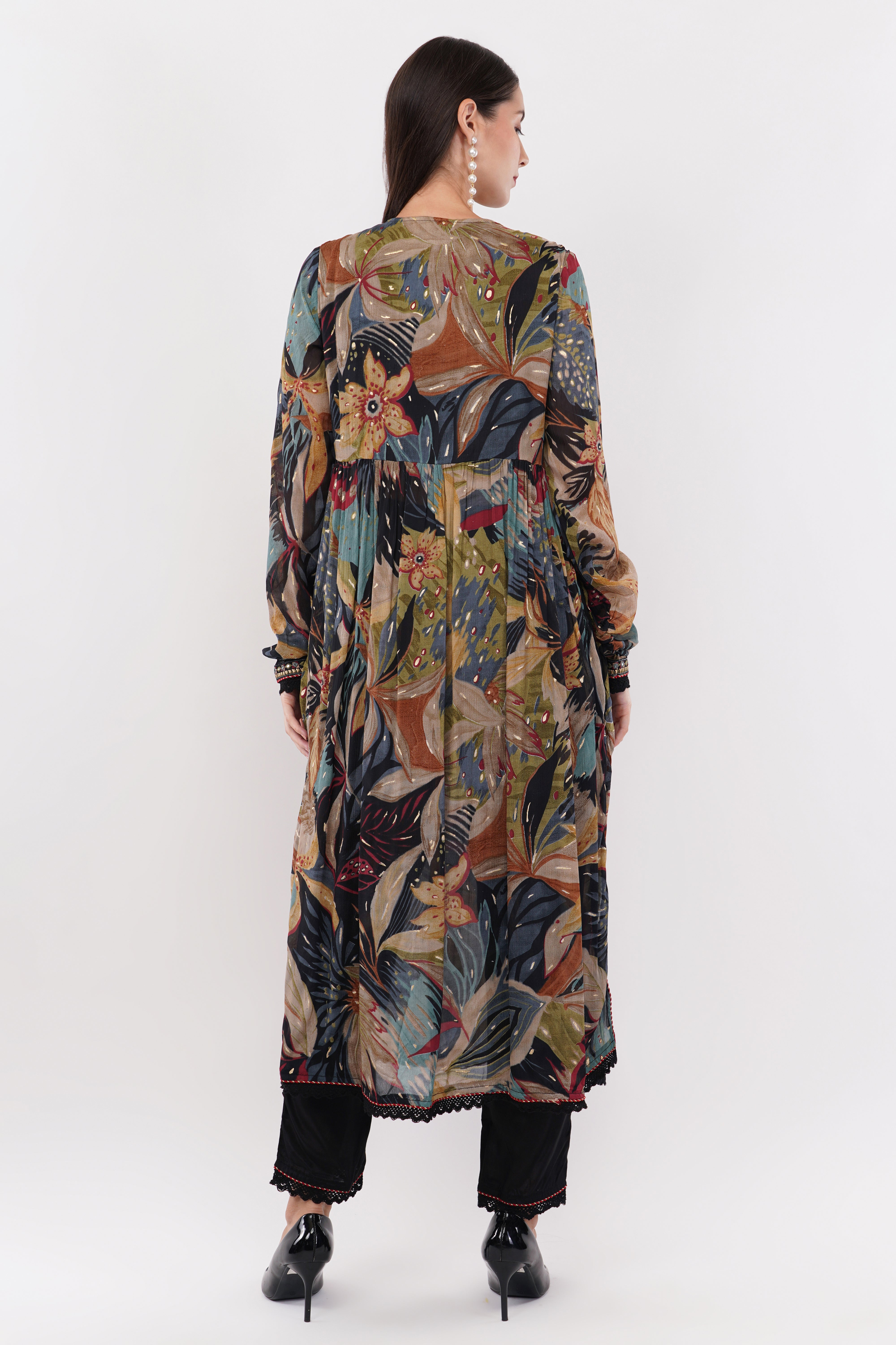 Navy Blue Pure Chinon Chiffon Digital Printed With Chiffon Dupatta Anarkali - Set Of 3