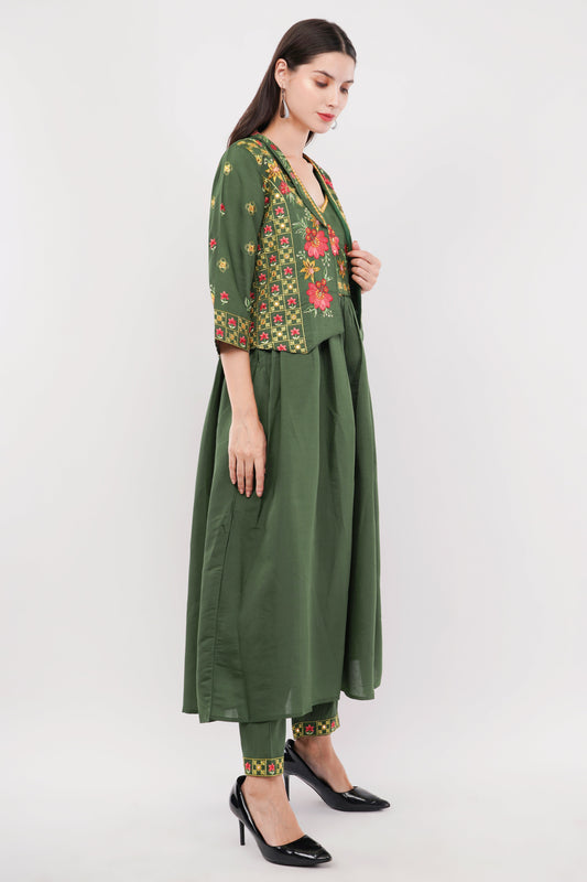 Olive Green Viscose Silk Anarkali Set With Jacket Anarkali - Set Of 3
