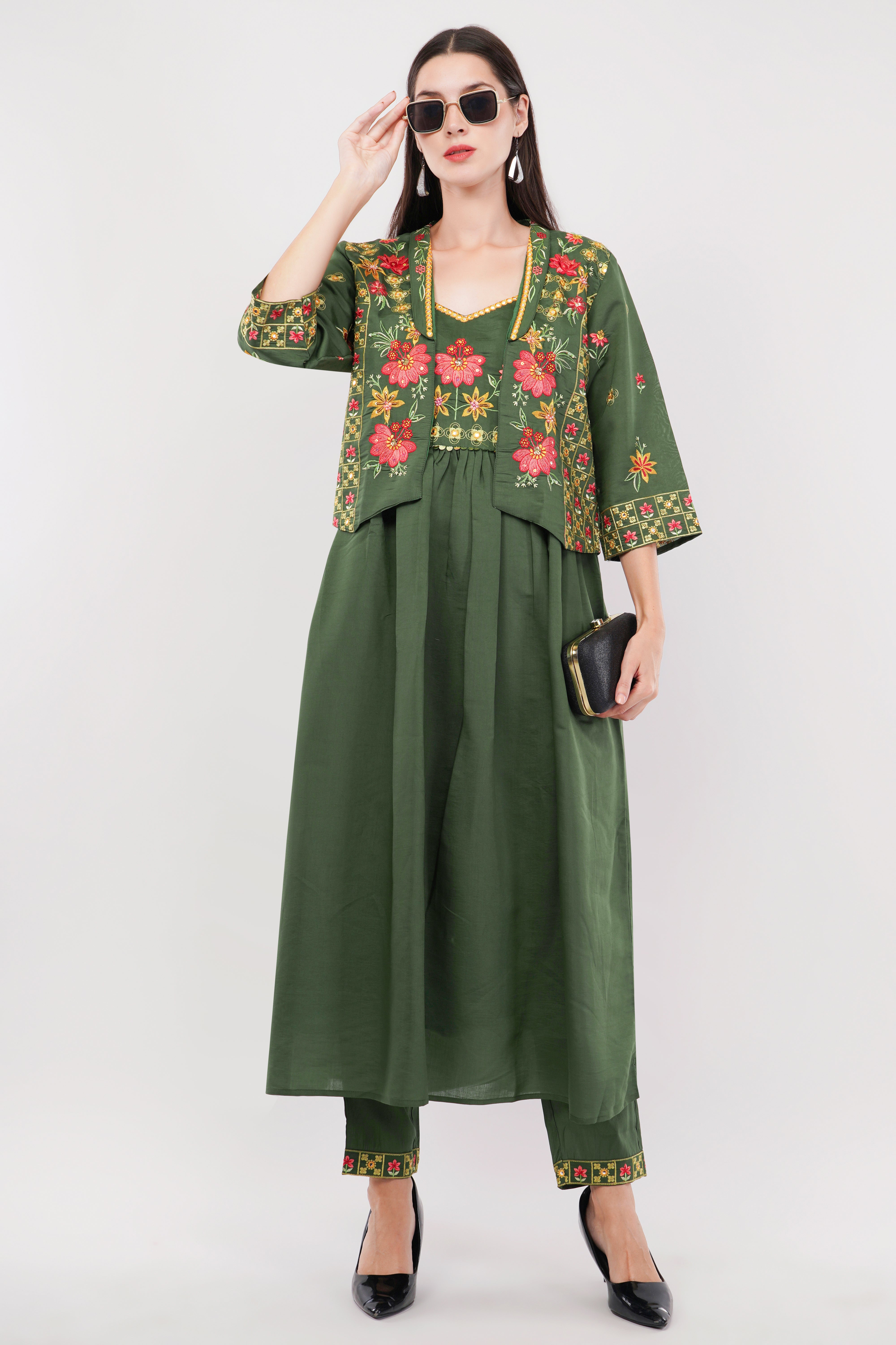 Olive Green Viscose Silk Anarkali Set With Jacket Anarkali - Set Of 3